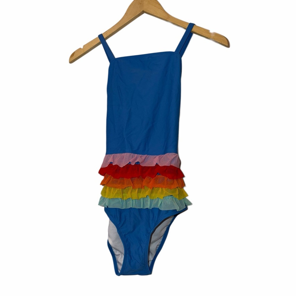 Hanna Andersson Blue Girls 1p Swimsuit with Rainbow tulle Ruffles 160 14-16